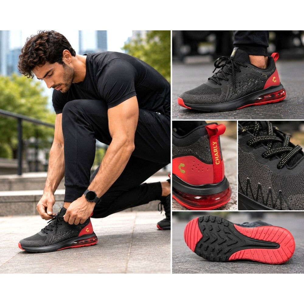 Charly Vermillion Running Shoes Men's 9.5 Black Red Air Cushion Sneakers NWT